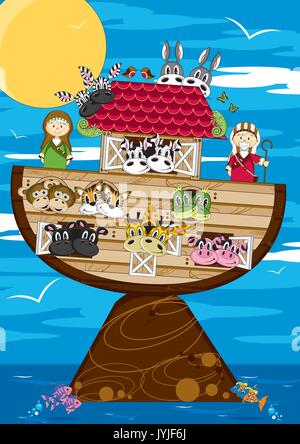 Cartoon Arche Noah mit Tieren der biblischen Darstellung Stock Vektor