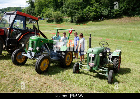 NNormag Traktor von 1930 es und Steyr Daimler Puch von 1950 es gewinnen die Landwirte auf Dorf Messe in Tržišče. Dolenjska, Slowenien. Stockfoto