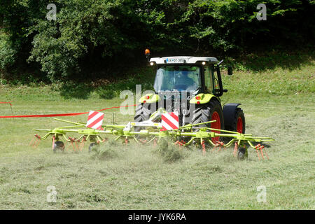 Traktor im Feld schaltet über gemähtes Gras zu trocknen. Stockfoto