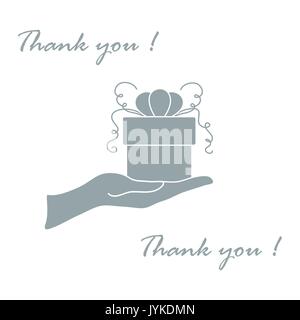 Niedliche Bild mit Hand, ein Geschenk und eine Inschrift: Ich danke Ihnen auf einem weißen Hintergrund. Stock Vektor