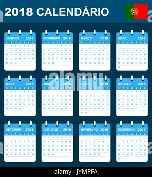 Portugiesische Kalender für 2018. Scheduler, Agenda oder Tagebuch Vorlage. Woche beginnt am Montag Stock Vektor