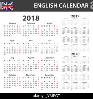 Englisch Kalender für 2018, 2019 und 2020. Scheduler, Agenda oder Tagebuch Vorlage. Woche beginnt am Montag Stock Vektor