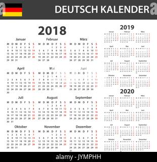 Deutscher Kalender für 2018, 2019 und 2020. Scheduler, Agenda oder Tagebuch Vorlage. Woche beginnt am Montag Stock Vektor