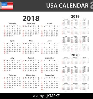 USA Kalender für 2018, 2019 und 2020. Scheduler, Agenda oder Tagebuch Vorlage. Woche beginnt am Sonntag Stock Vektor