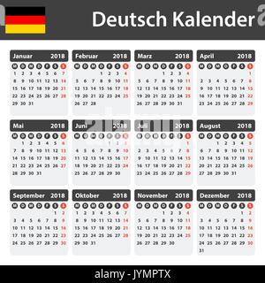 Deutscher Kalender für 2018. Scheduler, Agenda oder Tagebuch Vorlage. Woche beginnt am Montag Stock Vektor