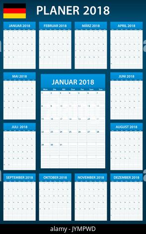 Deutsche Planer leer für 2018. Scheduler, Agenda oder Tagebuch Vorlage. Woche beginnt am Montag Stock Vektor
