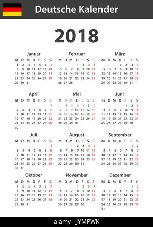 Deutscher Kalender für 2018. Scheduler, Agenda oder Tagebuch Vorlage. Woche beginnt am Montag Stock Vektor