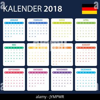 Deutscher Kalender für 2018. Scheduler, Agenda oder Tagebuch Vorlage. Woche beginnt am Montag Stock Vektor