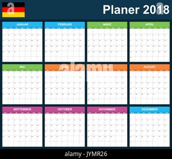 Deutsche Planer leer für 2018. Scheduler, Agenda oder Tagebuch Vorlage. Woche beginnt am Montag Stock Vektor