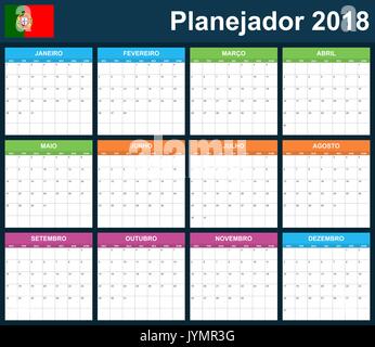 Portugiesische Planer leer für 2018. Scheduler, Agenda oder Tagebuch Vorlage. Woche beginnt am Montag Stock Vektor