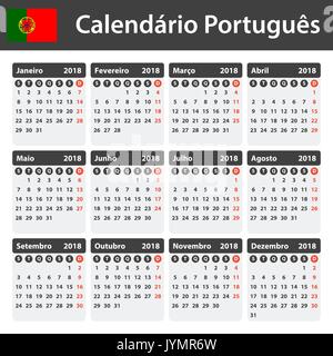 Portugiesische Kalender für 2018. Scheduler, Agenda oder Tagebuch Vorlage. Woche beginnt am Montag Stock Vektor