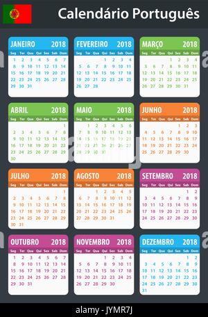 Portugiesische Kalender für 2018. Scheduler, Agenda oder Tagebuch Vorlage. Woche beginnt am Montag Stock Vektor