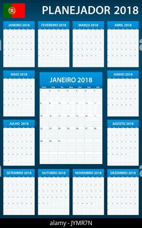 Portugiesische Planer leer für 2018. Scheduler, Agenda oder Tagebuch Vorlage. Woche beginnt am Montag Stock Vektor