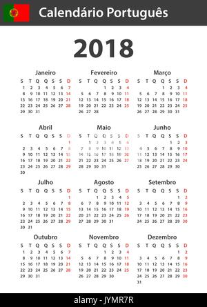 Portugiesische Kalender für 2018. Scheduler, Agenda oder Tagebuch Vorlage. Woche beginnt am Montag Stock Vektor