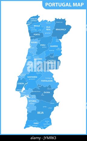 Die detaillierte Karte des Portugal mit Regionen oder Staaten und Städte, Hauptstädte Stock Vektor