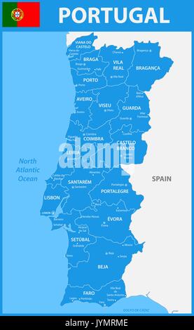 Die detaillierte Karte von Portugal mit Regionen oder Staaten und Städte, Hauptstädte. Stock Vektor