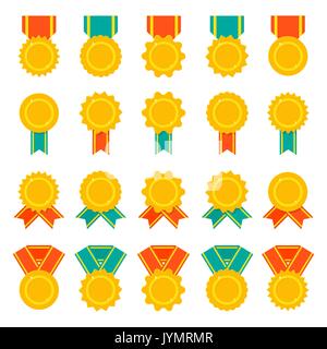 Satz von Medaillen, Abzeichen oder Auszeichnungen mit Bändern. Flachen Farbe vektor Icon Set Stock Vektor