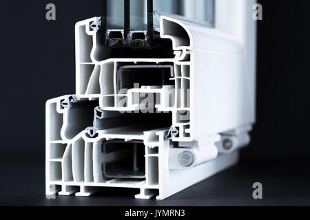 Schnitt von pvc-Fensterprofil, Dreifachverglasung, energieeffiziente Lösung, Dreifachfenster, Lärmreduzierung Stockfoto