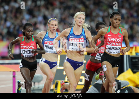 Hyvin Kiyeng JEPKEMOI (Kenia), Courtney FRERICHS (Vereinigte Staaten von Amerika), Emma COBURN (Vereinigte Staaten von Amerika), Beatrice CHEPKOECH (Kenia), in den 3000m Hindernislauf der Frauen Finale bei den 2017 konkurrieren, IAAF Weltmeisterschaften, Queen Elizabeth Olympic Park, Stratford, London, UK. Stockfoto