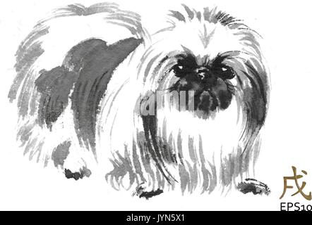 Pekingese Vektor orientalische Tuschemalerei mit goldenen Chinesische hieroglyphe "Hund". Symbol für das neue Jahr. Original Sumi-e Art. Stock Vektor