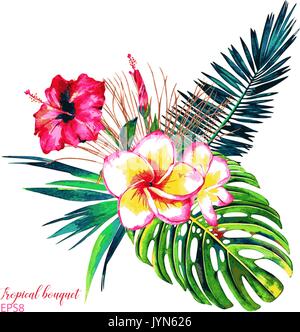 Tropical Bouquet. Exotische Blüten von Hibiskus und plumeria, Regenwald Palm Blätter und monstera. Handgefertigte vektor Aquarell. Stock Vektor