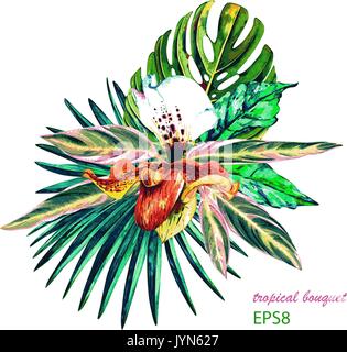 Tropical Bouquet. Exotische Orchideen mit Jungle Blätter, Palm und monstera. Handgefertigte vektor Aquarell, auf weißem Hintergrund. Florale Komposition. Stock Vektor