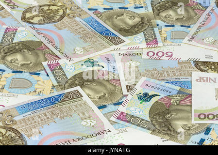 Finanzieller Hintergrund aus neuen 500 Polnische Zloty Banknoten Stockfoto