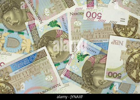 Finanzieller Hintergrund aus neuen 500 Polnische Zloty Banknoten Stockfoto
