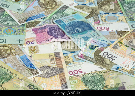 Finanzieller Hintergrund aus verschiedenen polnischen Zloty Banknoten Stockfoto