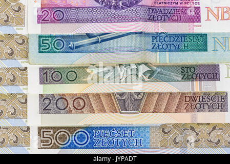 Nahaufnahme der polnische Zloty Banknoten Festlegung in einer Reihe Stockfoto