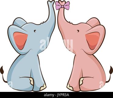 Paar Elefanten mit dekorativer Schleife binden Tier Symbol auf weißem Hintergrund bunte Design Vector Illustration Stock Vektor