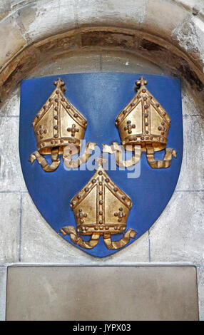 Das Wappen des Bischof von Norwich im nördlichen Seitenschiff des Doms in der Stadt Norwich, Norfolk, England, Vereinigtes Königreich. Stockfoto