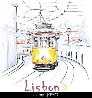 Gelbe Straßenbahnlinie 28 in Alfama, Lissabon, Portugal Stock Vektor