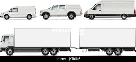 Cargo Transport Mock-up: Trailer Truck, Pickup, Van und kommerziellen Auto. Vektor Vorlage für Auto Branding und Werbung. Stock Vektor