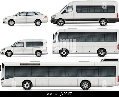 City Transport Mock-up: Busse, Pkw Van und Autos. Vektor Vorlage für Auto Branding und Werbung. Stock Vektor