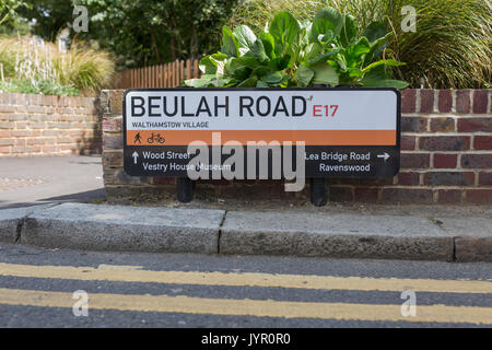 Straßenschild Kennzeichnung Beulah Straße in der walthamstow Dorf in Walthamstow, nord-östlich von London. Stockfoto