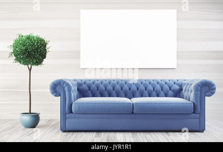 Wohnzimmer mit Sofa und weißen Rahmen an der Wand, 3D-Rendering illustration Stockfoto