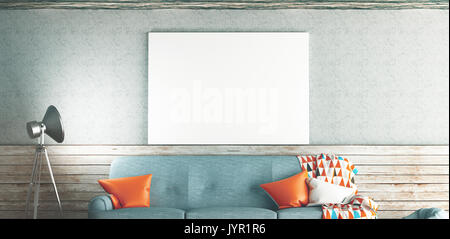 Wohnzimmer mit Sofa und weißen Rahmen an der Wand, 3D-Rendering illustration Stockfoto