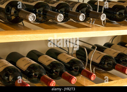 Rotwein Flaschen aus der Region Bordeaux in Frankreich, einschließlich Margaux, Modalitäten in einem Metall Weinregal in Eiche Kommode Stockfoto