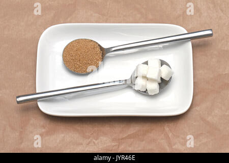 Zucker Grundnahrungsmittel mit white cubes und braunen Zucker in Löffel auf weiße Platte Stockfoto