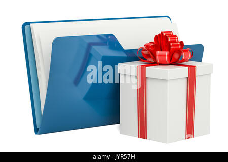 Blue computer Ordnersymbol mit Geschenk, 3D-Rendering auf weißem Hintergrund Stockfoto