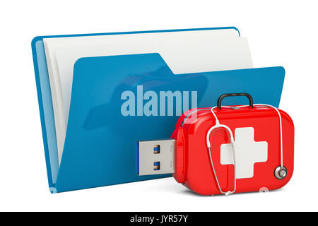 Computer Ordnersymbol mit USB Flash Drive, Service und Recovery, Erste-Hilfe-Konzept. 3D-Rendering Stockfoto