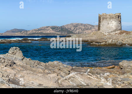 Blick auf La Pelosa alter Turm und Strand in Stintino, Provinz Sassari, Sardinien, Italien, Europa. Stockfoto