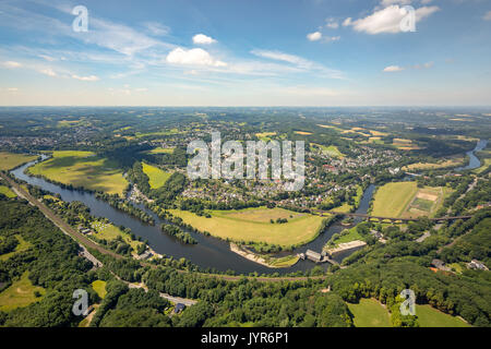 Ruhr arc, Ruhr, Ruhr, Wolken, Kraftwerk, Dam von der Ruhr, Ruhrgebiet in Bommern, Ansicht von Hohenstein in die Ruhrauen, Witten, Ruhrgebiet Stockfoto