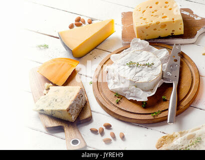 Verschiedene Arten von Käse auf weißem Hintergrund. Stockfoto