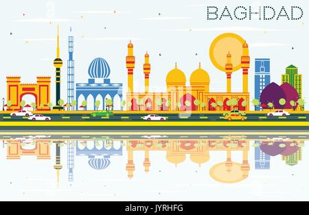 Skyline Bagdads mit Farbe Gebäude, blauer Himmel und Reflexionen. Vector Illustration. Business Travel und Tourismus Konzept mit historischen Gebäuden. Stock Vektor