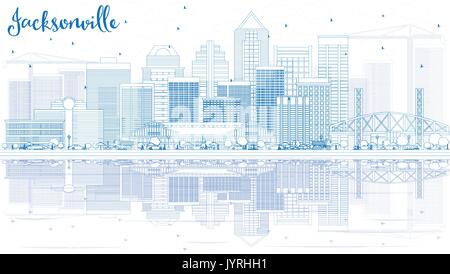 Umrisse Jacksonville Skyline mit blauen Gebäude und Reflexionen. Vector Illustration. Business Travel und Tourismus Konzept mit moderner Architektur. Stock Vektor