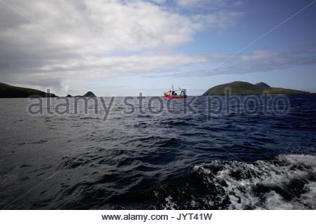 Ein Kutter fischt das blasket Sound Gegend auf den Atlantik von der Halbinsel Dingle in der Grafschaft Kerry. Stockfoto