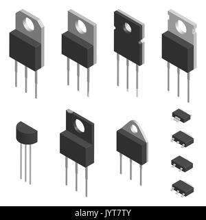 Einstellen der Transistoren, die in verschiedenen Formen auf weißem Hintergrund. Elements Design von elektronischen Bauteilen. Isometrische 3D-Stil, Vektor, Abbildung Stock Vektor