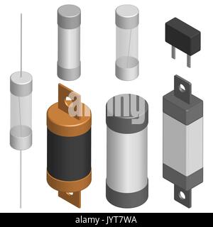 Satz Sicherungen in unterschiedlichen Formen auf weißem Hintergrund. Elements Design von elektronischen Bauteilen. Isometrische 3D-Stil, Vector Illustration. Stock Vektor